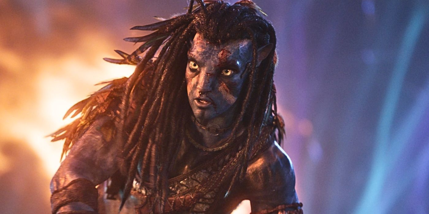 Glowing armored warrior with dreadlocks and blue face paint in a fiery, dramatic scene