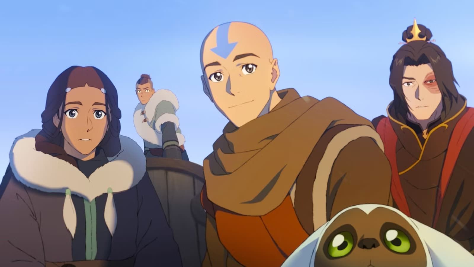 Animated characters in winter gear, including a bald monk and a cat-like creature, against a snowy backdrop