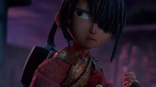 Animated character in a pink outfit, glancing sideways in a dim purple-lit setting