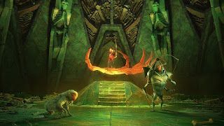 Green temple with glowing orange torch above stairs, flanked by two armored figures and a crouching creature