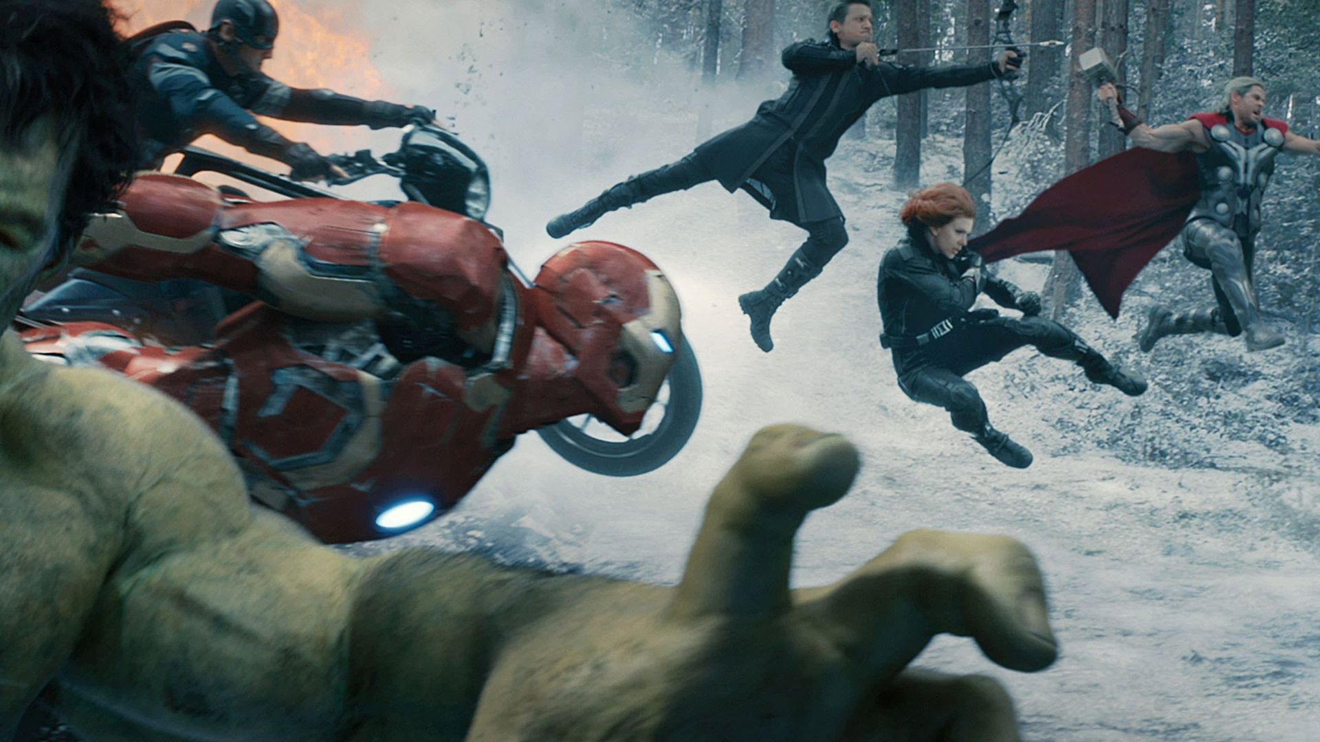Superheroes battling in a snowy forest, with a green giant in the foreground and a red flying armored figure.