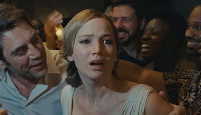 Crowded party scene with a surprised woman in front, surrounded by smiling guests in dim light