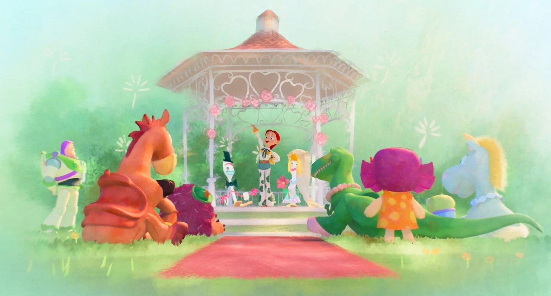 Pastel cartoon garden stage with characters gathered under a gazebo and a red carpet path