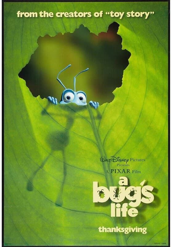 Blue ant peeks out of a leaf hole, casting a shadow on a green leaf; movie poster for