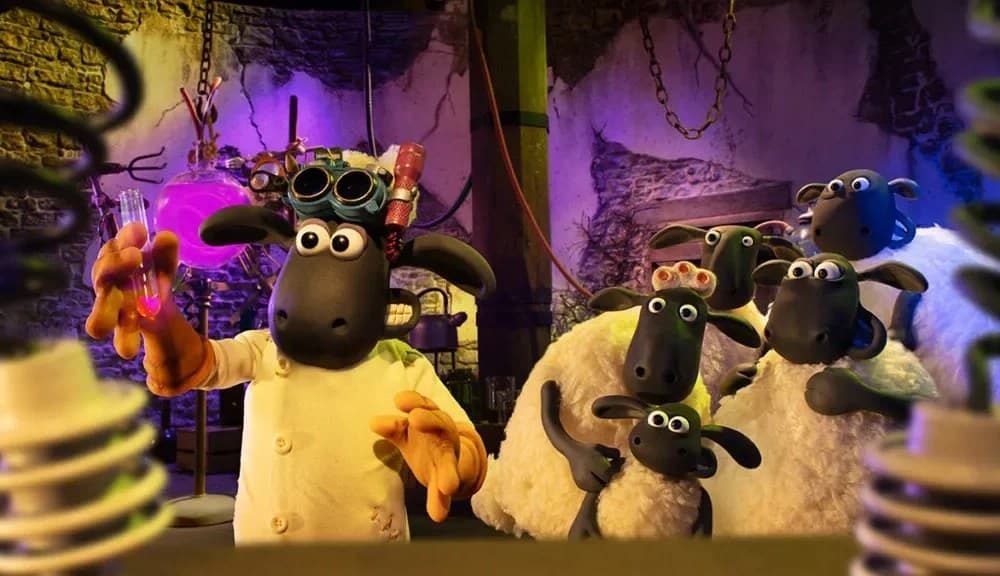 Wallace and Gromit-style clay characters in a purple-lit workshop, with figures holding tools and facing forward