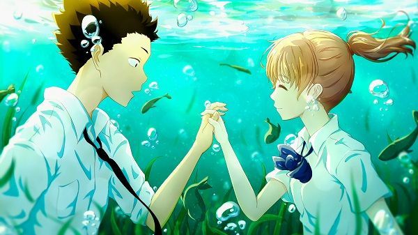 Two anime characters, a boy and girl, holding hands underwater surrounded by fish and seaweed.