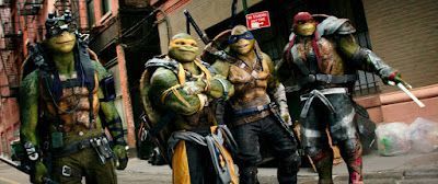 The Teenage Mutant Ninja Turtles posing together in an alley, each armed and ready for action.