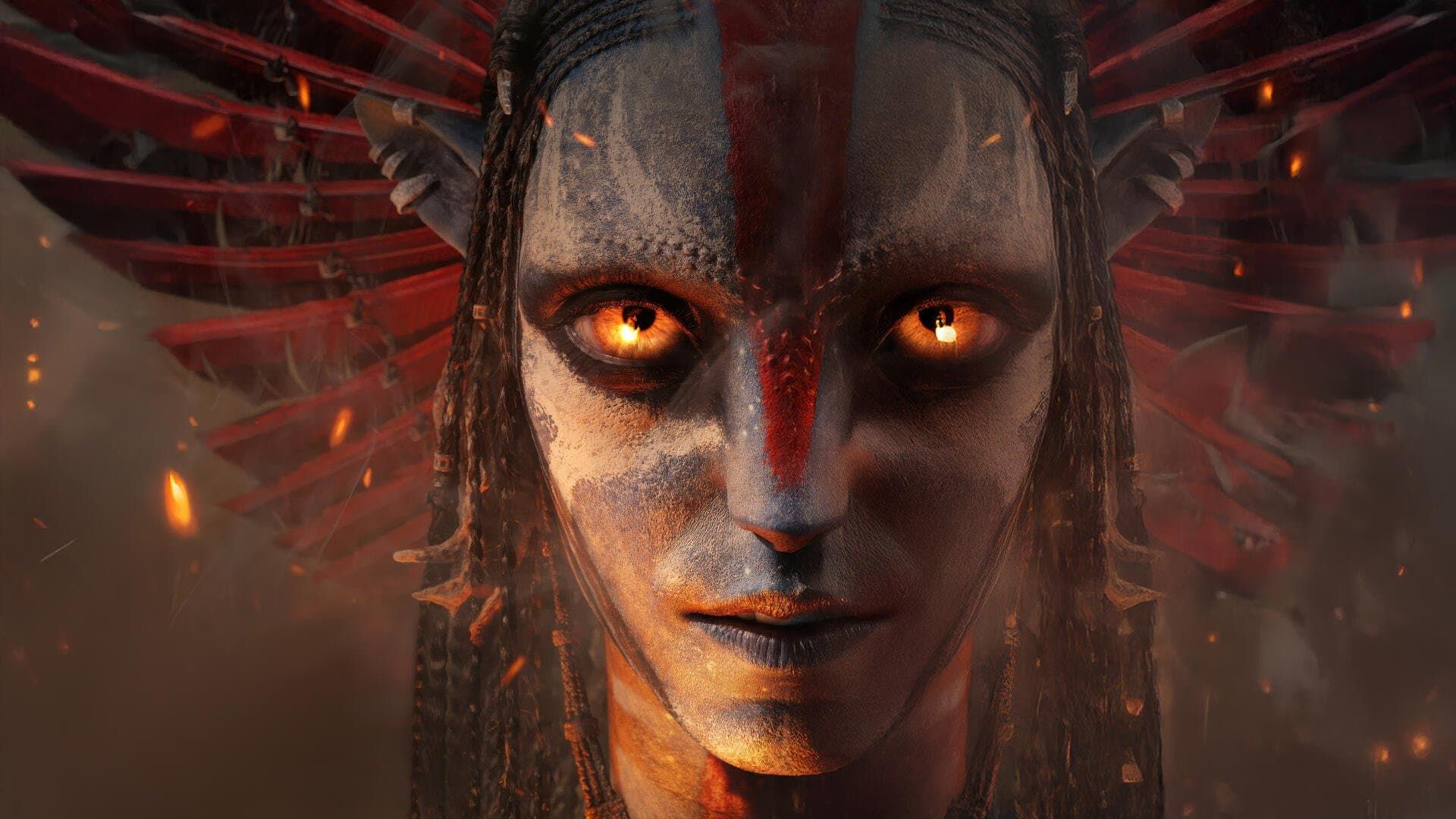 Glowing-eyed fantasy face with dark markings, centered against a fiery red backdrop