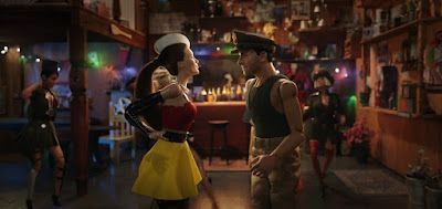A woman in a sailor outfit faces a man in a military uniform in a bar. A few other people are around.
