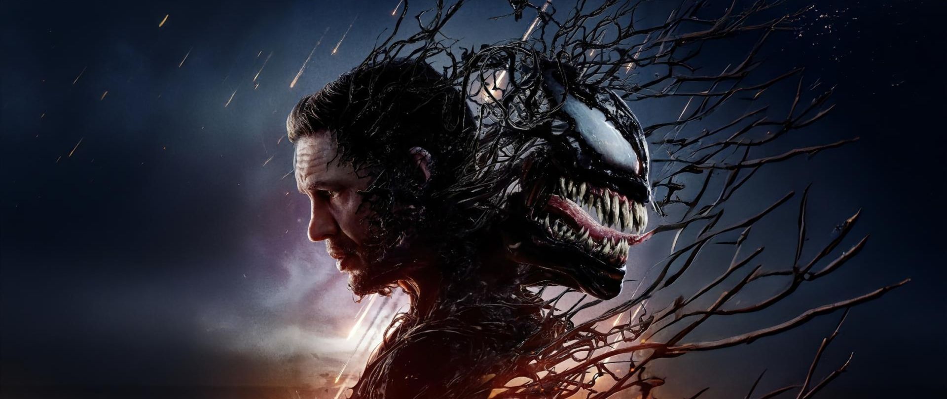 Eddie Brock partially transformed into Venom, with a dark background.