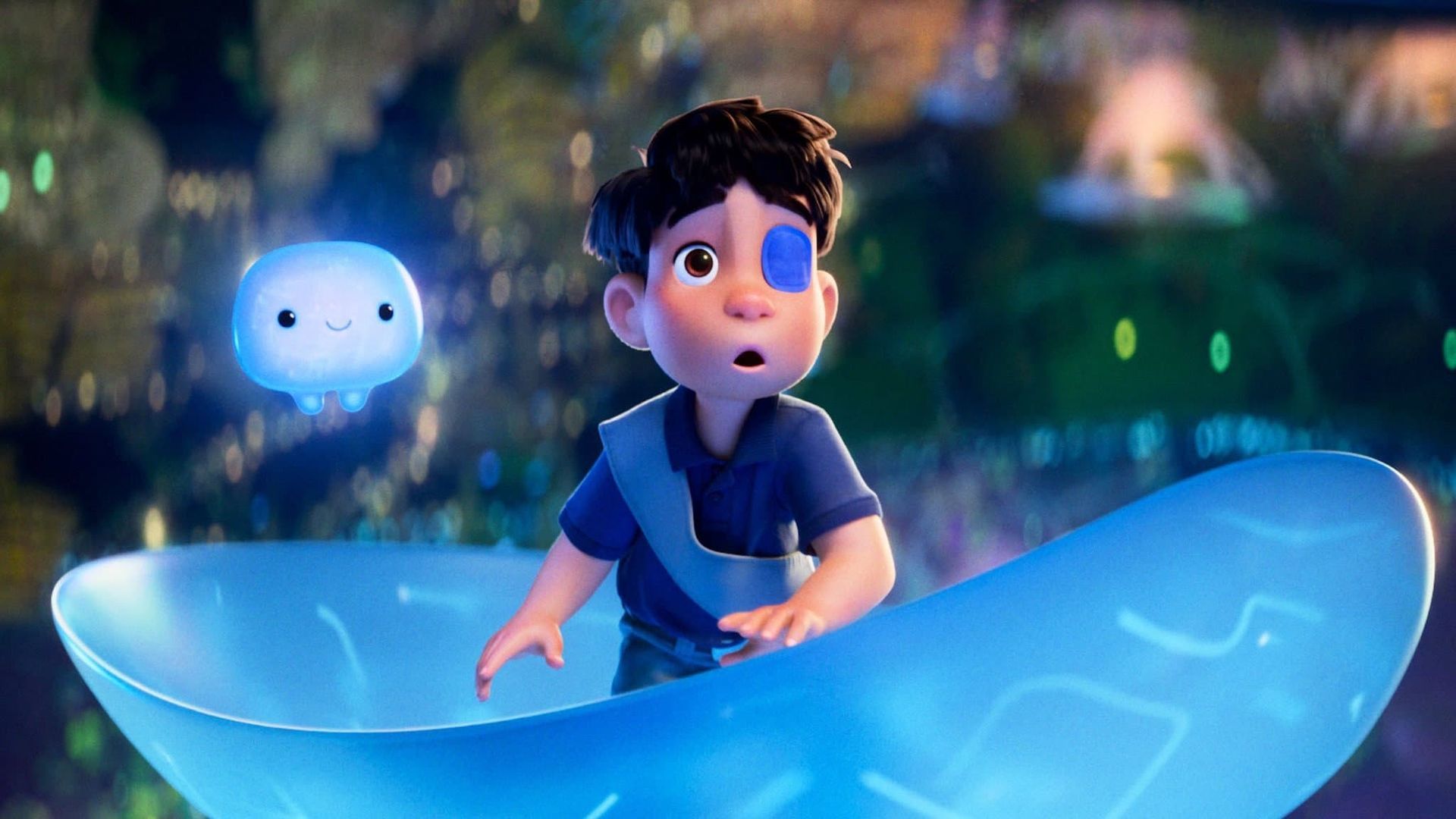 Animated boy in a glowing blue boat with a floating white companion in a magical forest setting