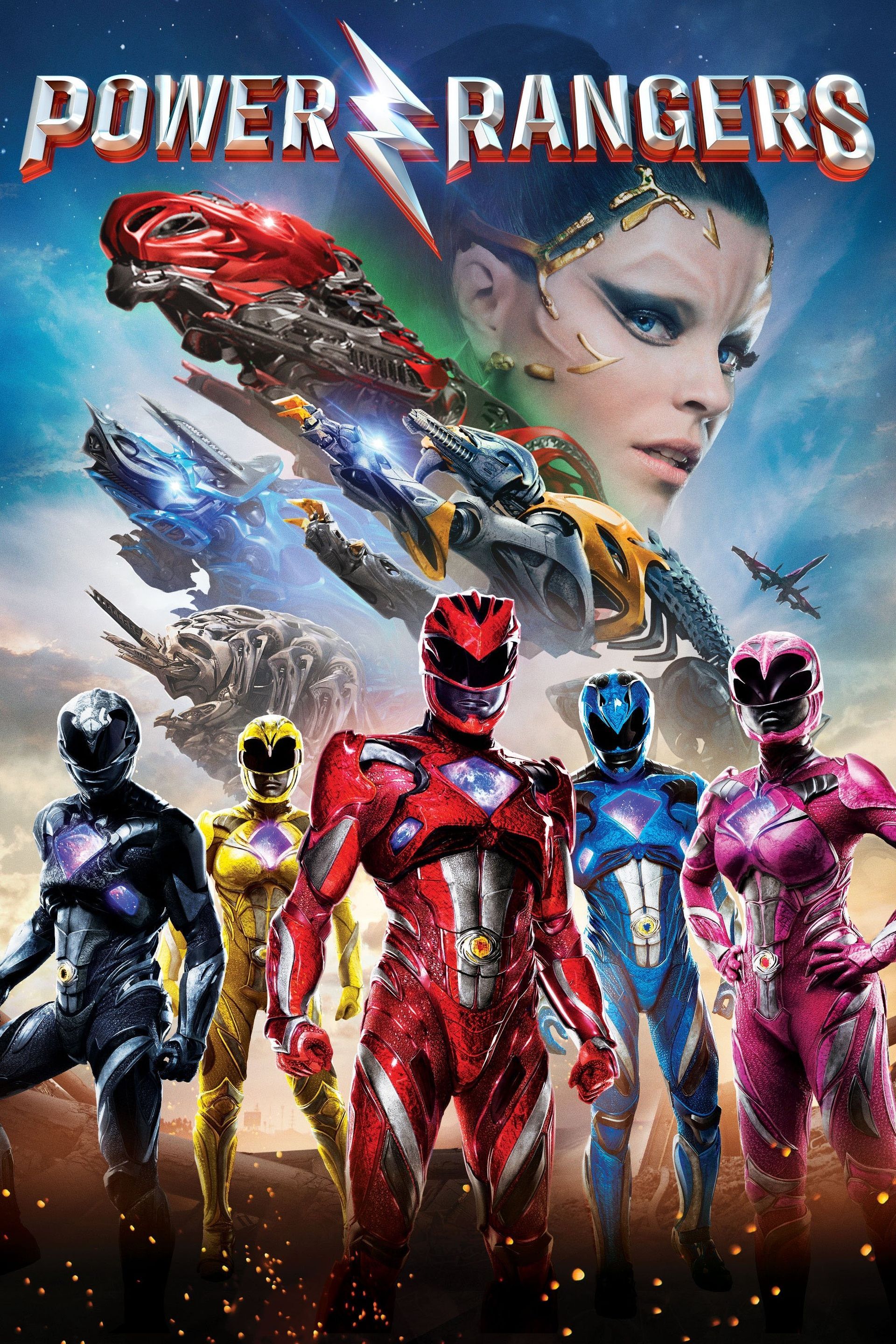 Power Rangers movie poster: six costumed heroes, Zords, and Rita Repulsa's face.
