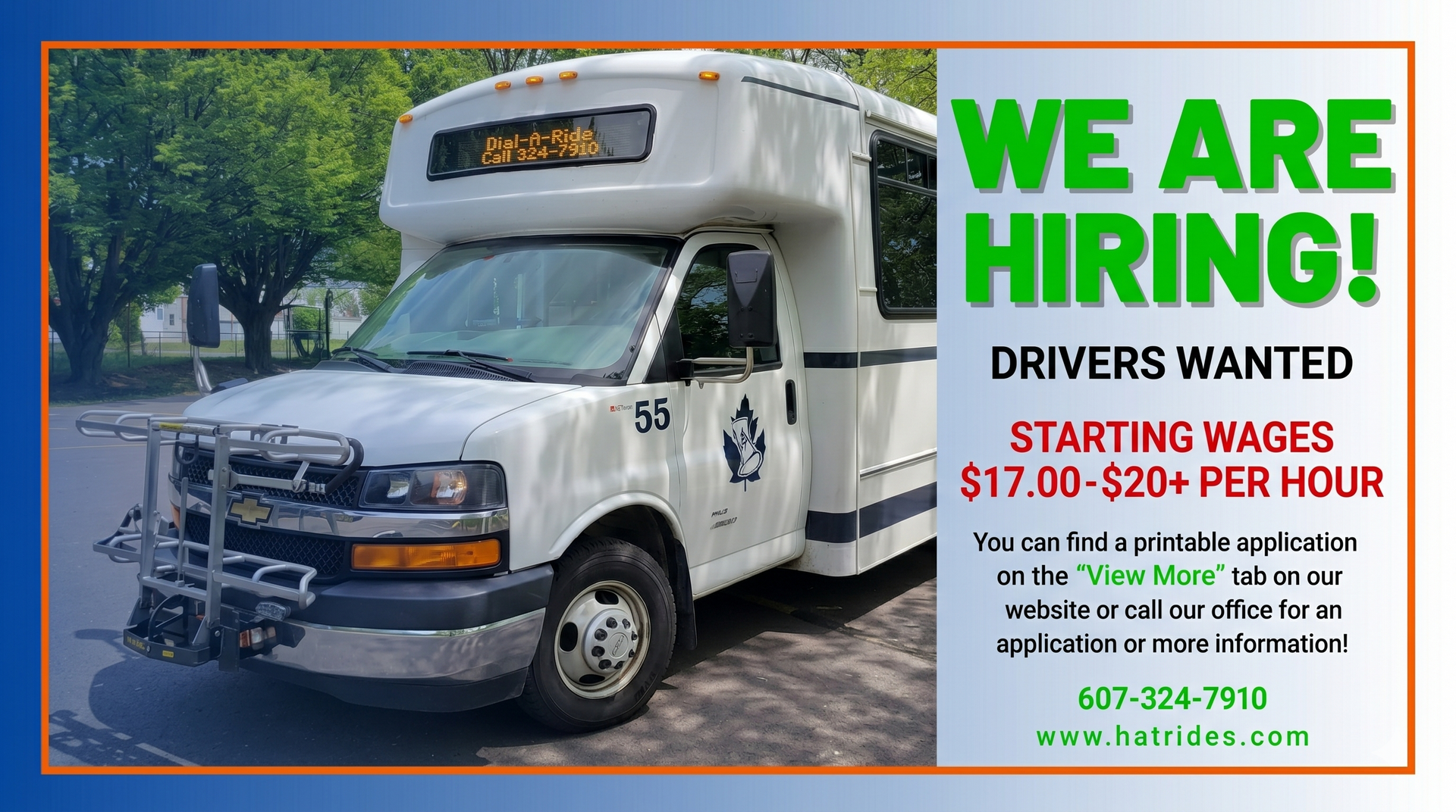 We're Hiring! Drivers Wanted. Starting wages $16.50-18.00 per hour. Please call our office on where to pick up an application or find a printable application on this page.