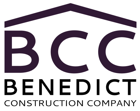 The logo for Benedict Construction Company is purple and black.