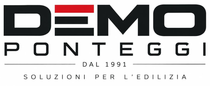 Logo di DEMO PONTEGGI, con scritta nera e rossa e “Dal 1991” e “Soluzioni per l’edilizia” sotto