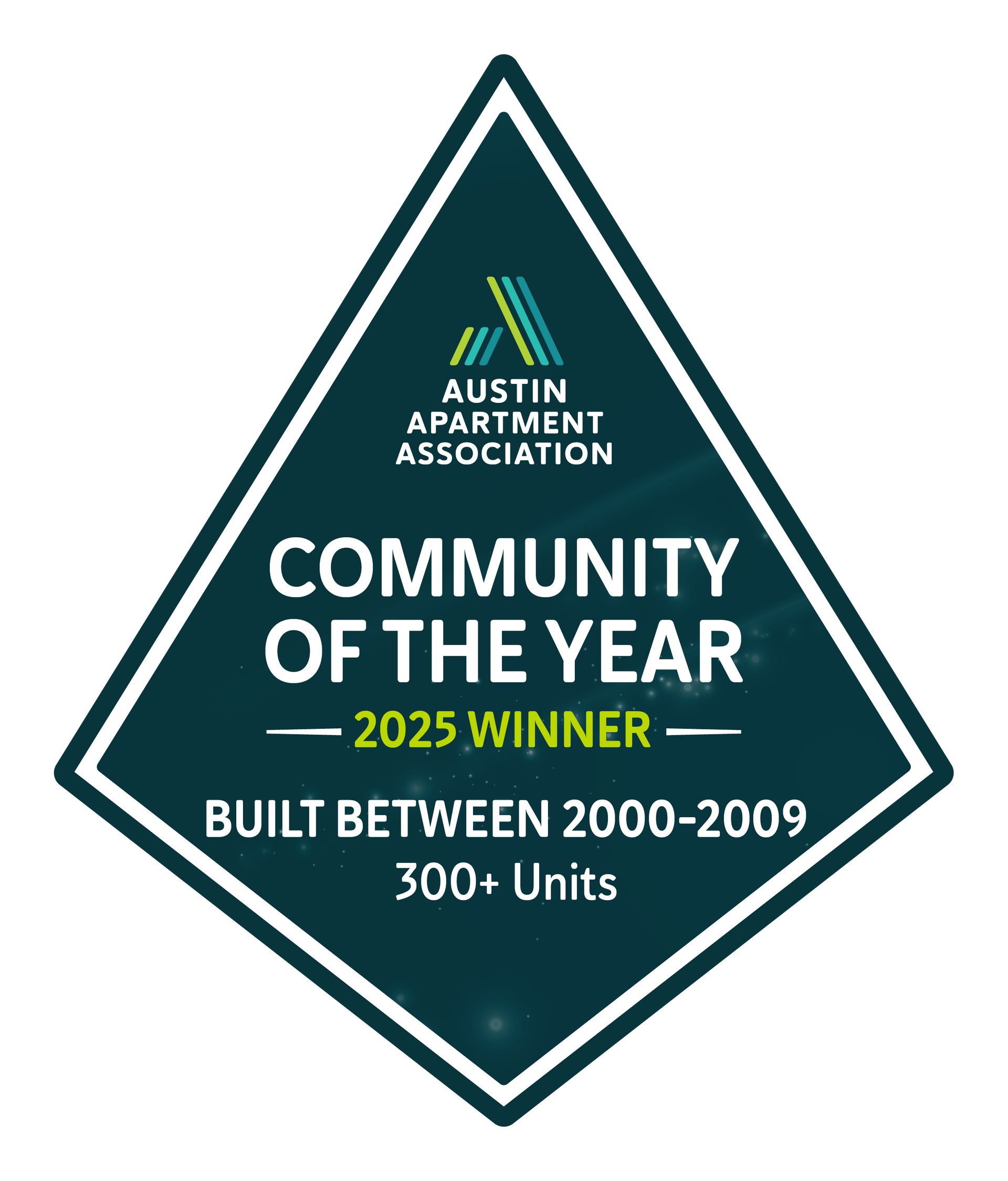 Austin Apartment Association “Community of the Year” winner badge, built between 2000–2009, 300+ units