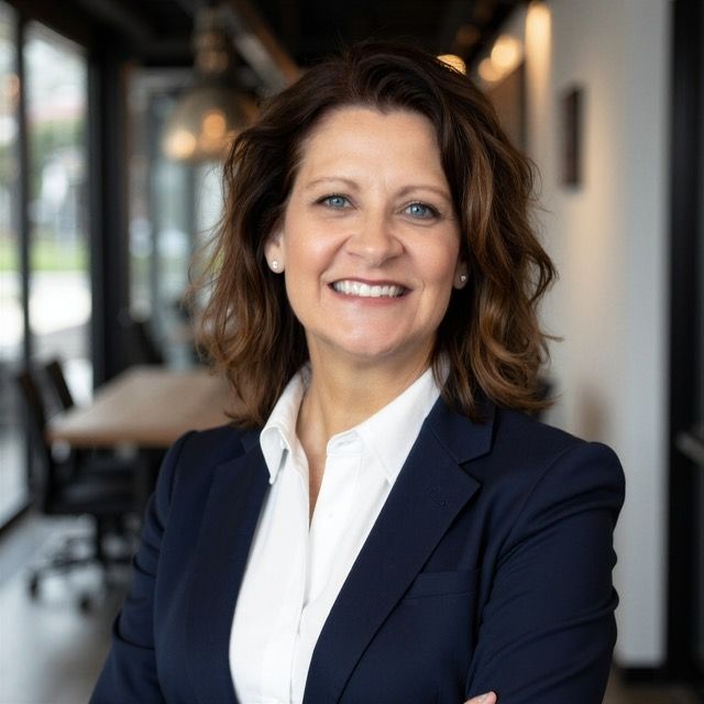 Smiling professional in a navy blazer standing in a modern office hallway