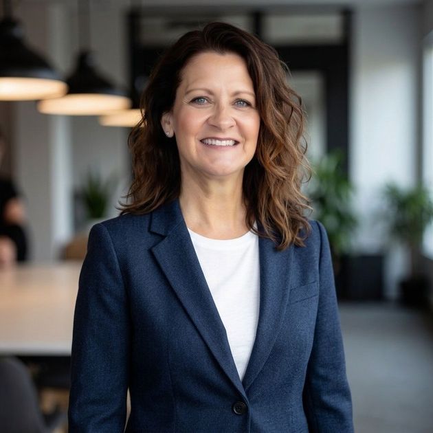 Smiling woman in a navy blazer standing in a modern office corridor