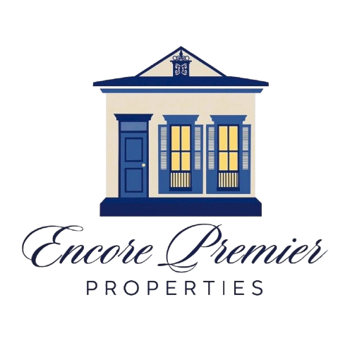 Encore Premier Properties logo with a blue and gold house illustration and script text