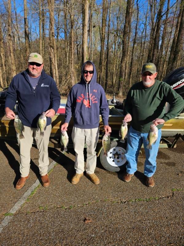 Three anglers holding up fish in a wooded outdoor setting beside a trailer.