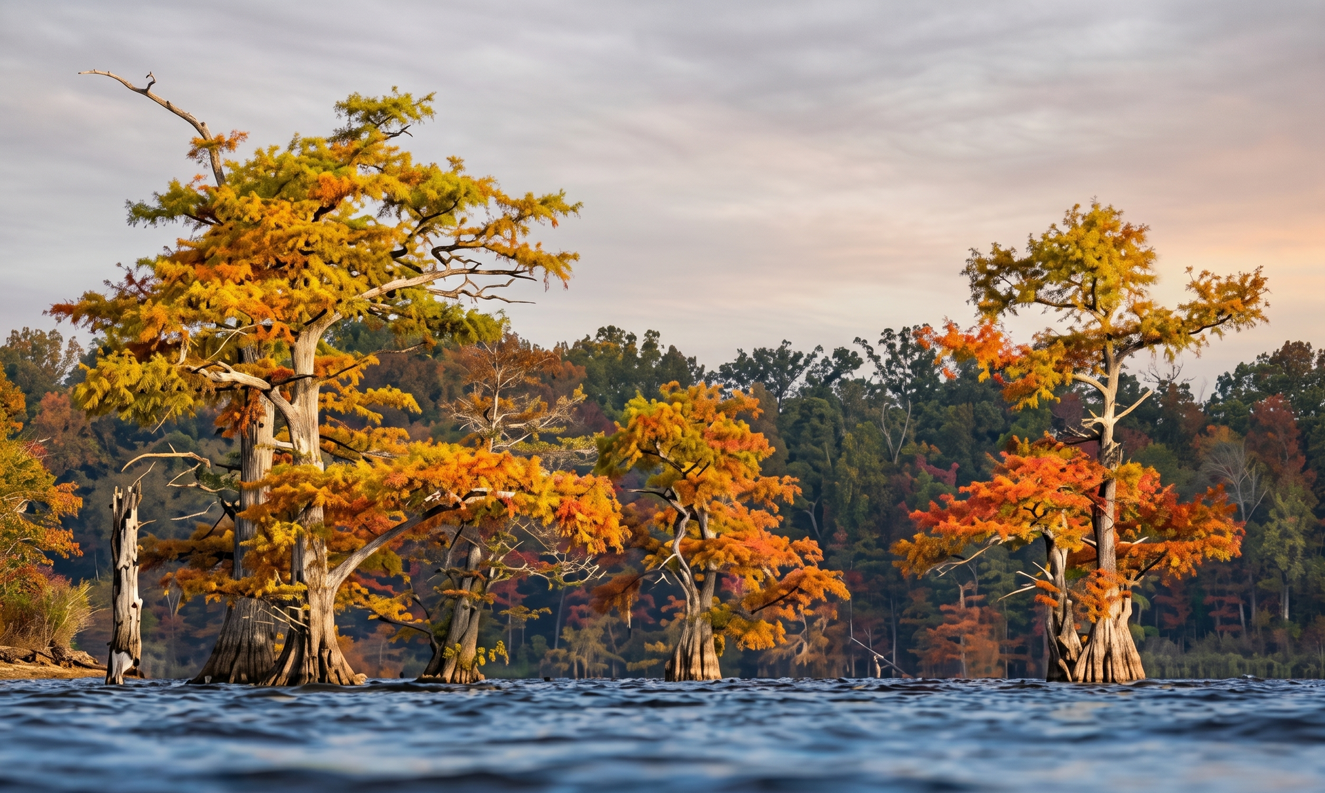 Autumn trees with orange leaves along a snowy shoreline under a cloudy sky