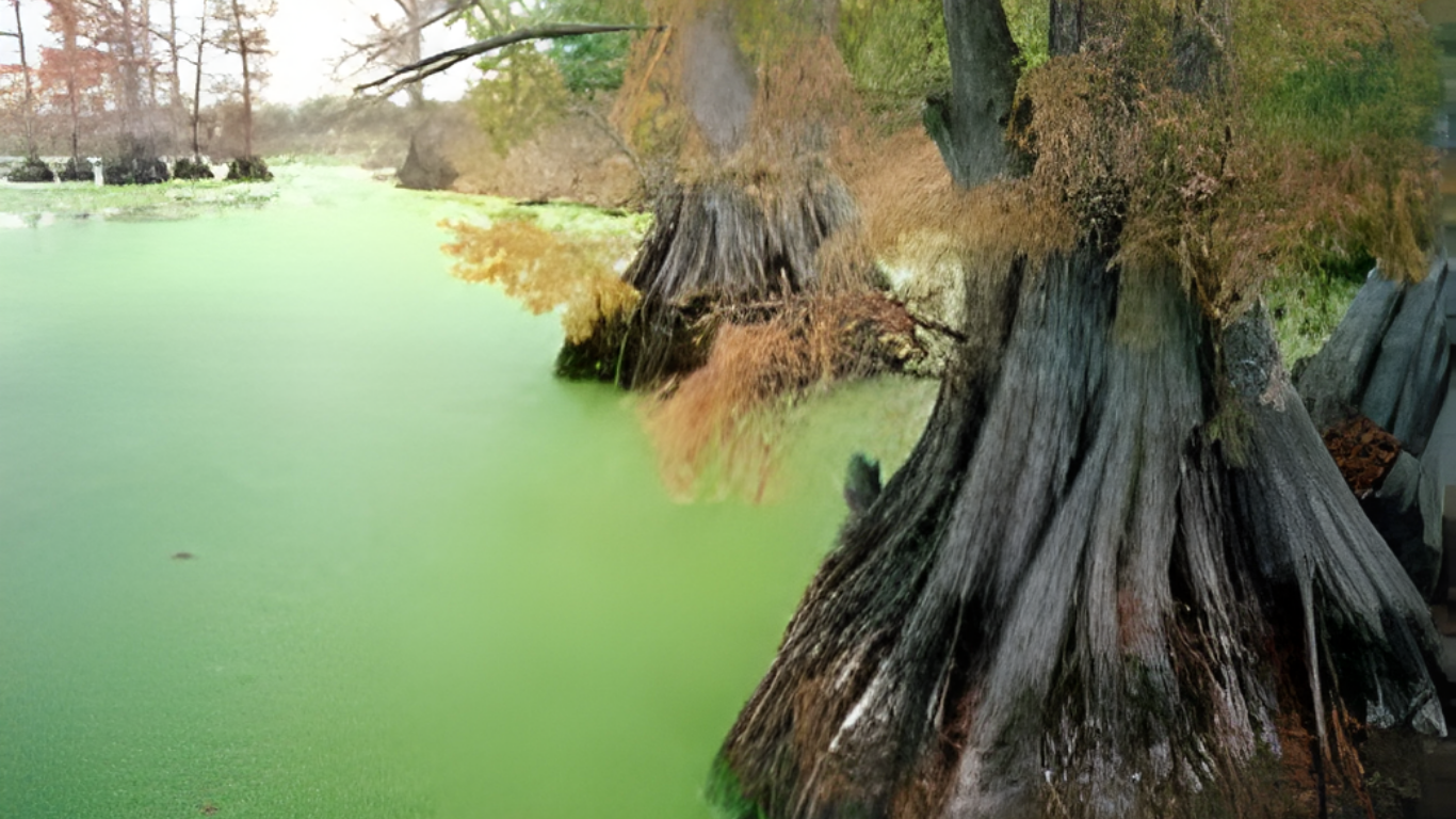 Swamp with green water and cypress trees with exposed roots along the shore