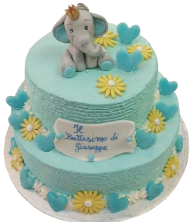 A blue cake with an elephant on top that says