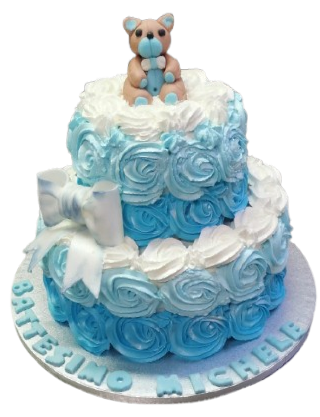 Una torta blu e bianca con un orsacchiotto sopra