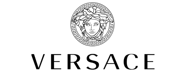 A black and white logo for versace with a woman 's head in a circle.