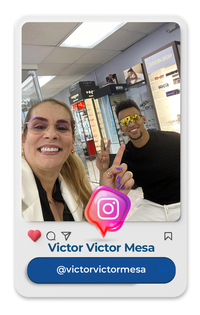 A woman and a man are posing for a picture in an optical shop.