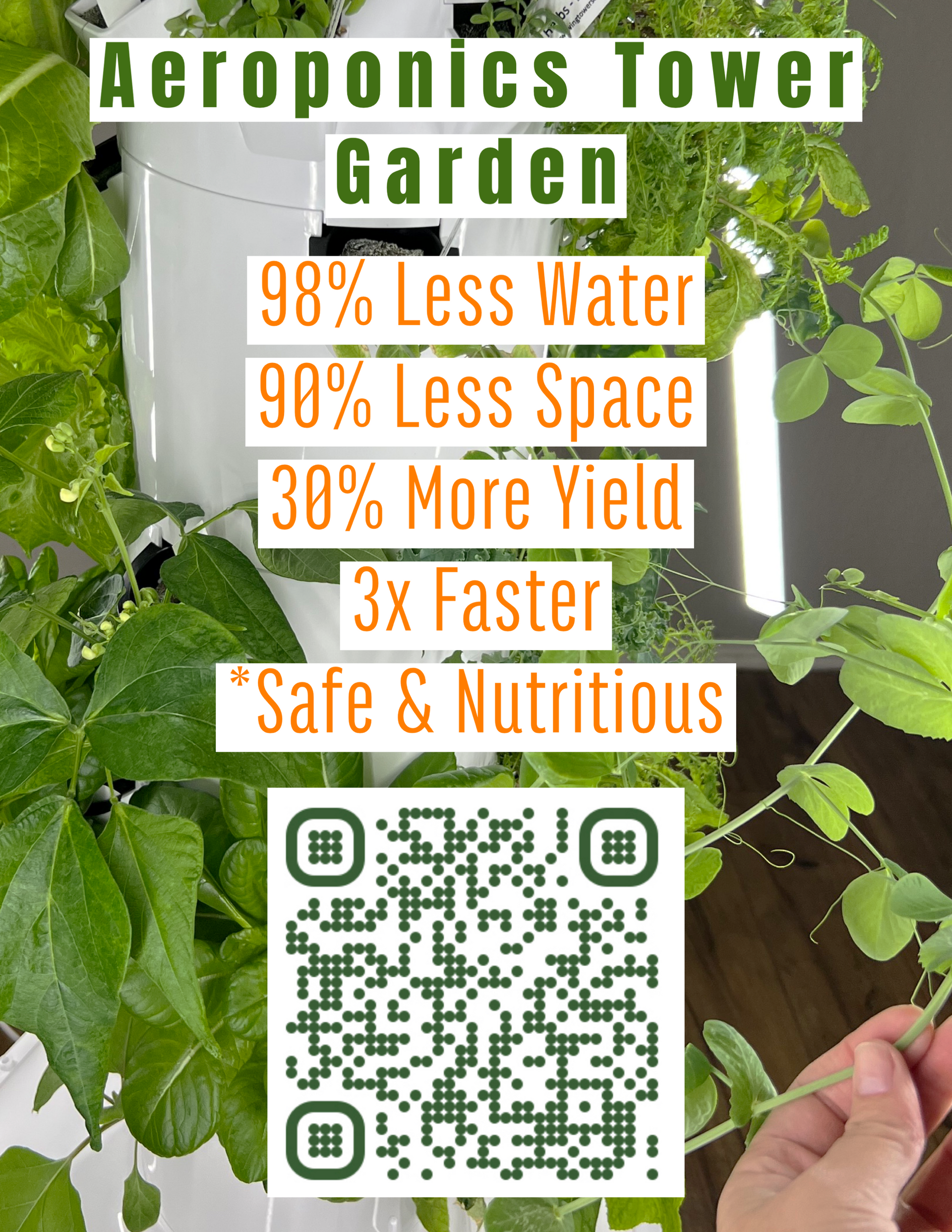 Aeroponics tower garden poster with leafy plants, benefits text, and a QR code