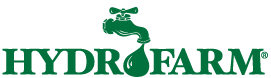 Hydrofarm logo in green with a watering can forming the “H” over a leaf design