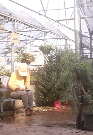 Person in a yellow jacket and hat sitting on a bench in a greenhouse among potted plants.