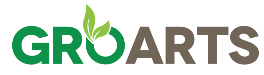Green “GROARTS” logo with a leaf forming the O on a white background