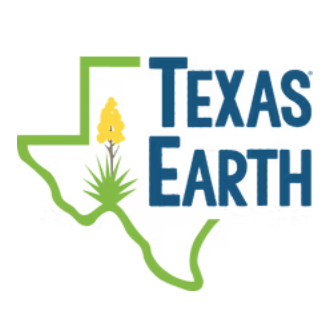 Texas Earth logo with blue text and green Texas outline, featuring a yellow flower and green plant.