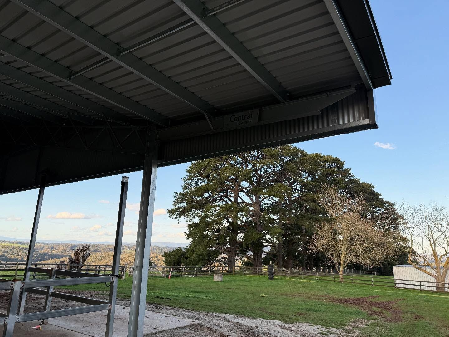 View from under a metal shelter towards trees on a grassy hill; a blue sky is visible. — Equine Stable Solutions In Diddillibah, QLD