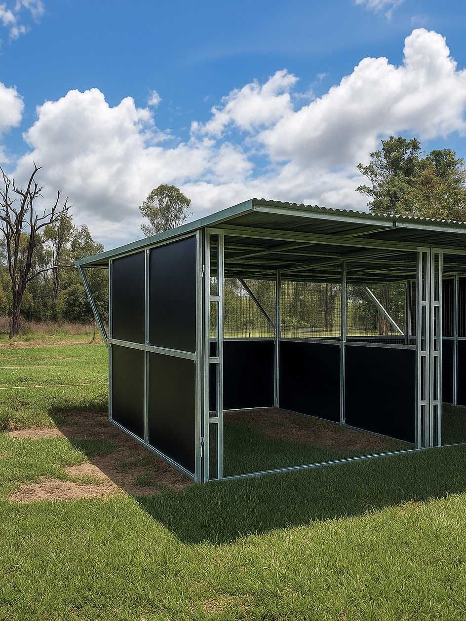 Metal-framed structure with dark walls and a corrugated roof stands in grassy field under a partly cloudy sky.