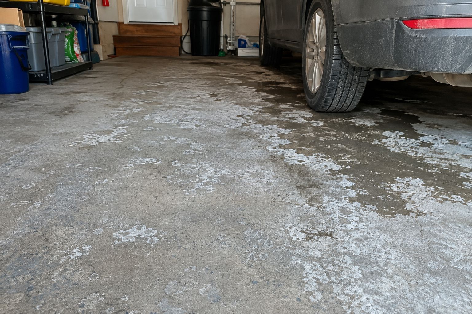 Concrete garage floor with two parked vehicles and a red bucket along the left wall