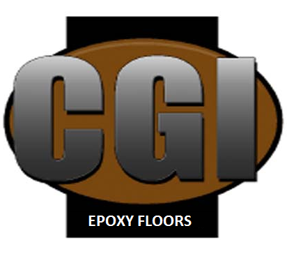 CGI Epoxy Floors logo with metallic letters on a brown oval and black background