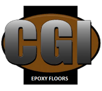 CGI Epoxy Floors logo with metallic letters on a brown oval and black background