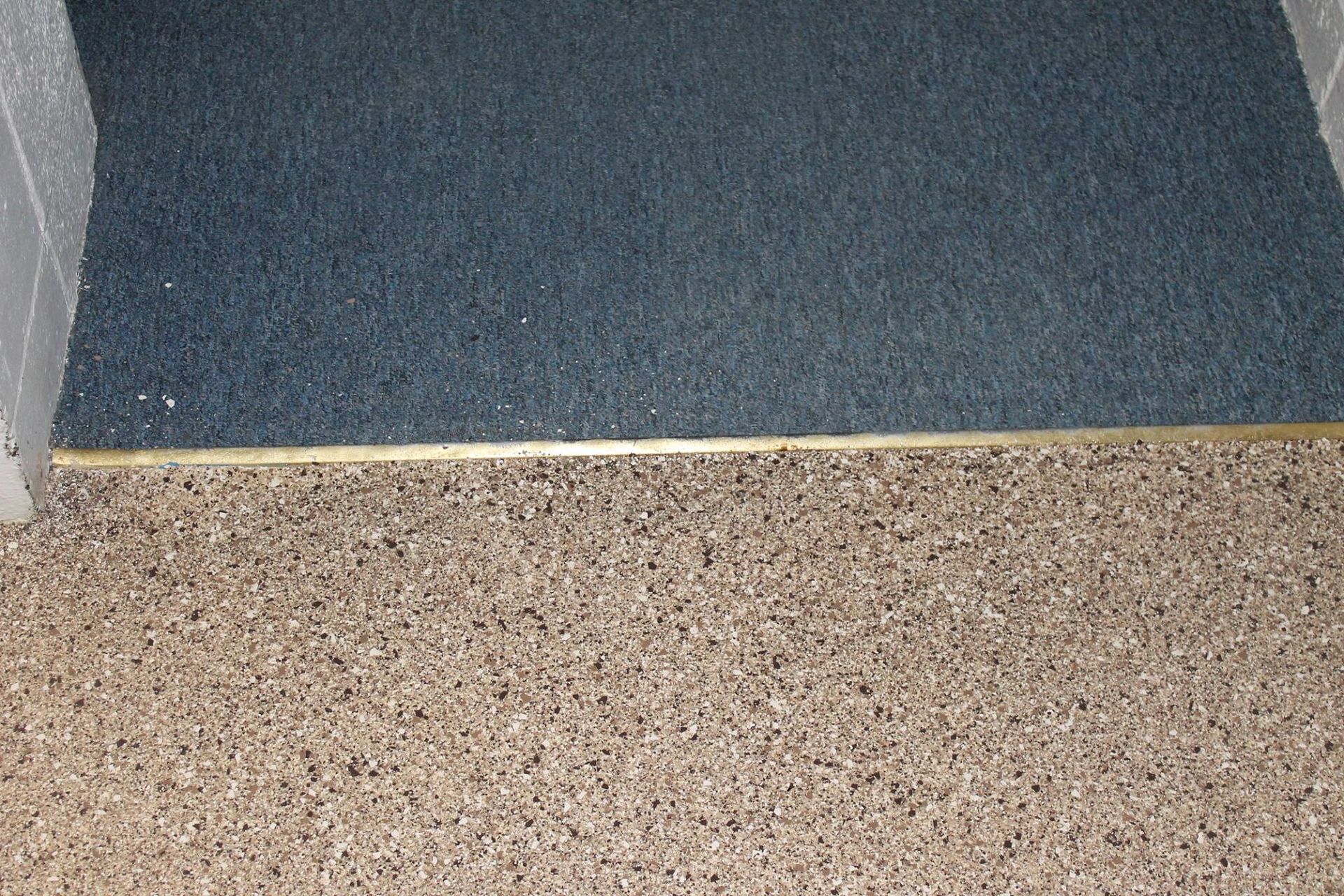 Carpeted step with beige speckled floor and blue carpeting above the threshold