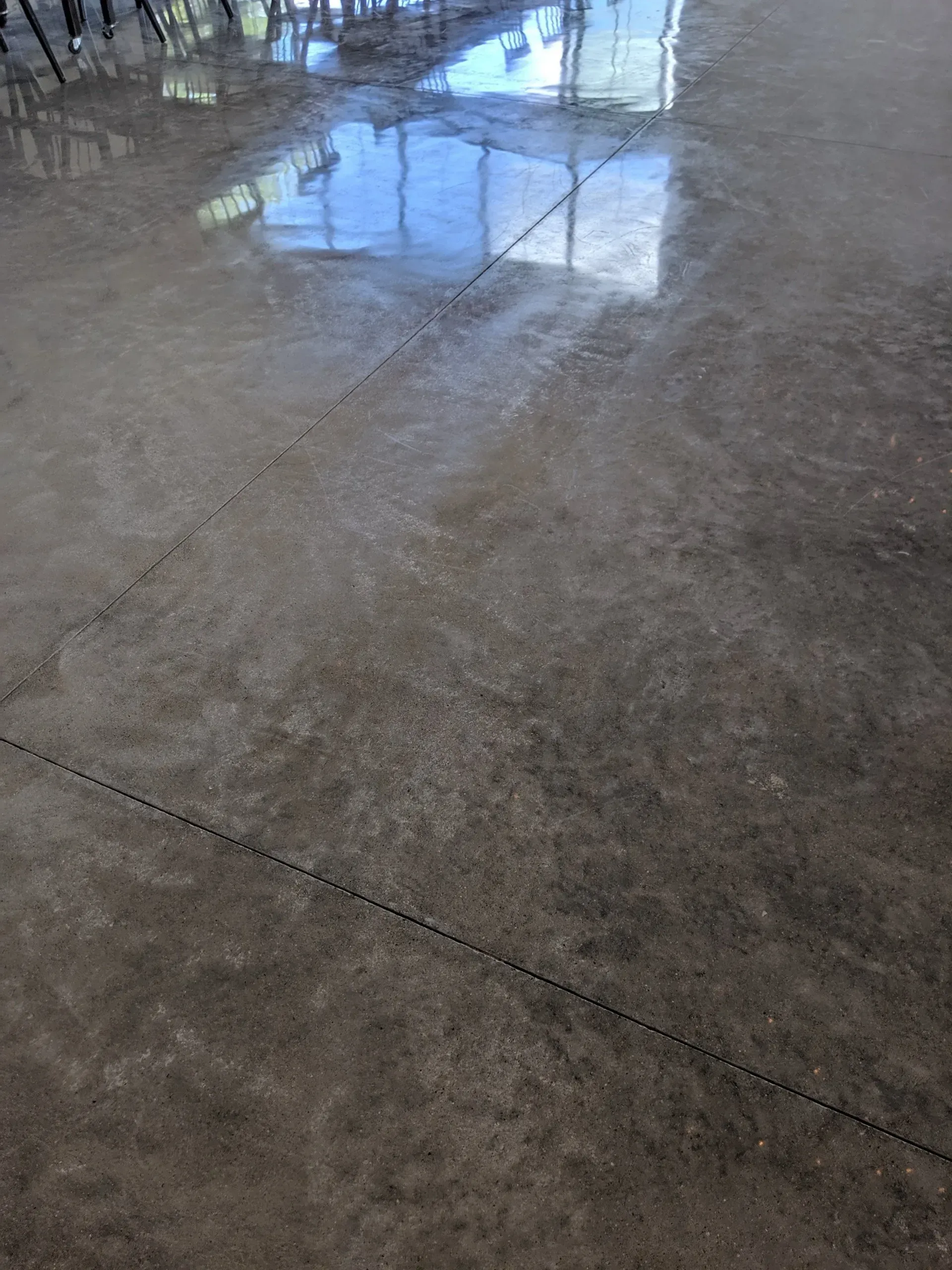 Shiny gray concrete floor reflecting a window above, with visible seams and stains.