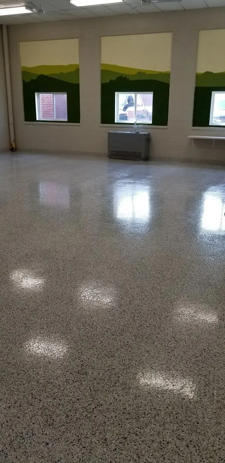 Empty room with polished speckled floor, green walls, and three windows.