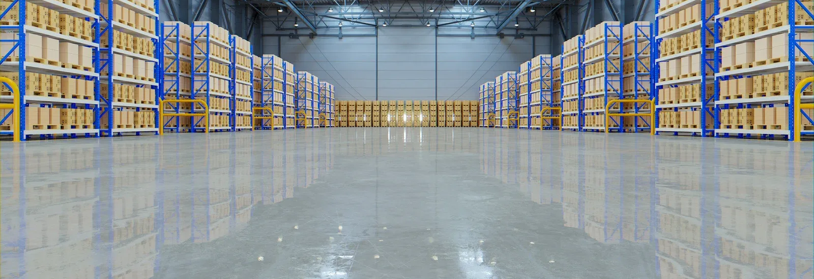 Empty warehouse aisle with tall blue-and-yellow storage racks and a glossy floor