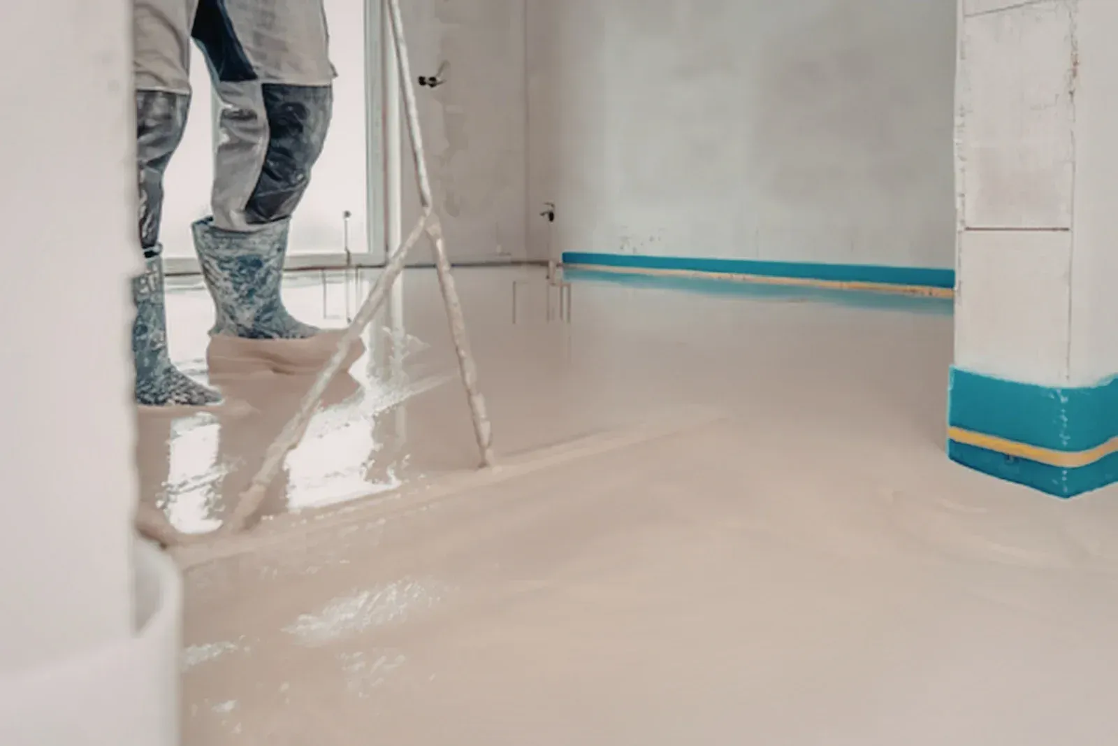 Person mopping a glossy floor in an empty room with a red-handled mop