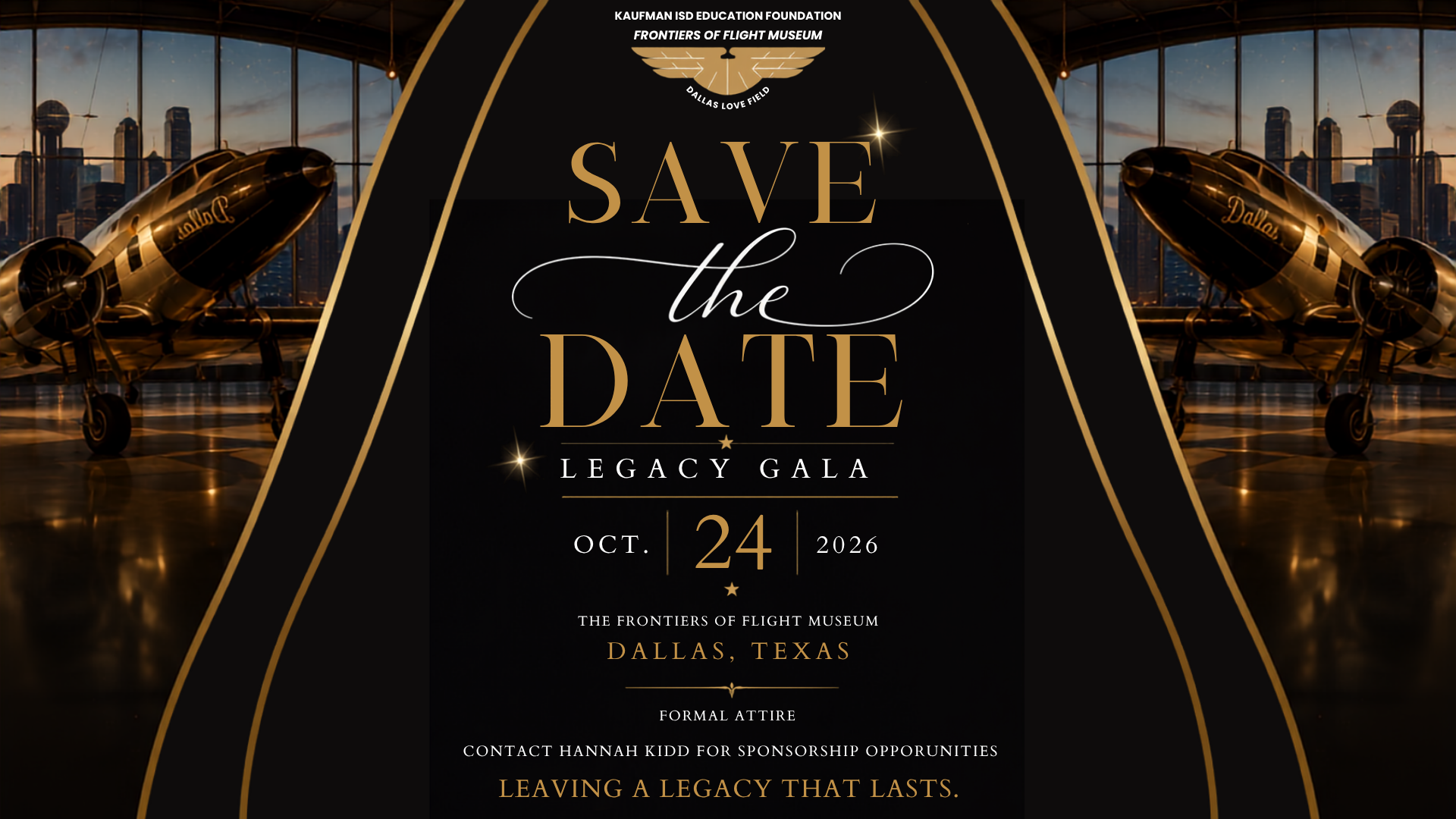 Elegant black-and-gold gala invitation poster reading “Save the Date” with “Legacy Gala” and a date of 24.
