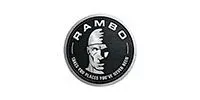 The logo for rambo shows a man 's face in a circle.