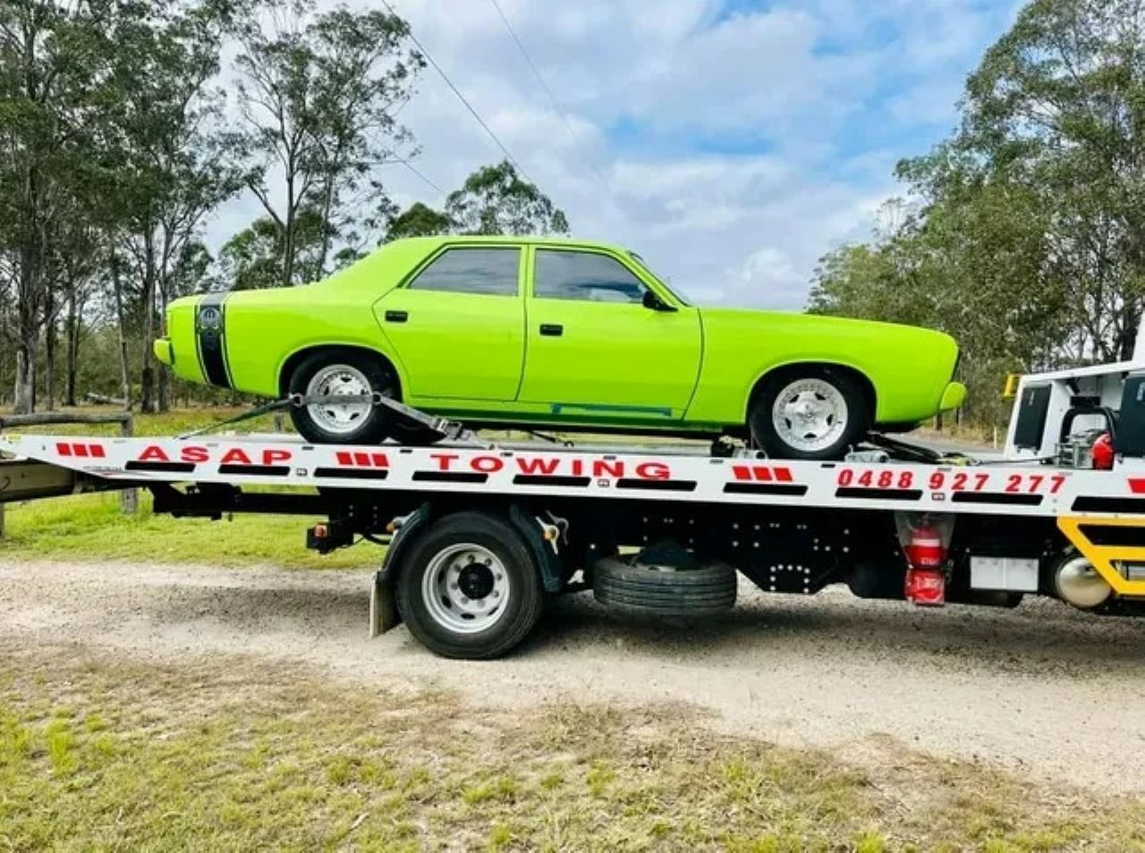Bright Green Classic Car on a Tow Truck — ASAP Towing Pty Ltd In Gympie, QLD