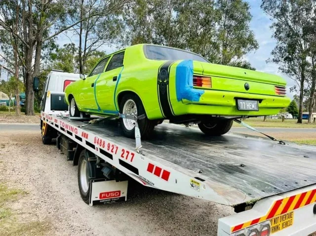 Green Vintage Car on a Tow Truck — ASAP Towing Pty Ltd In Gympie, QLD
