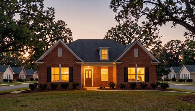 Brick suburban house at dusk with warm-lit windows and trees
